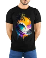 Tropical Wave Sunset Palm Art T-Shirt - model wearing black shirt, hands behind back