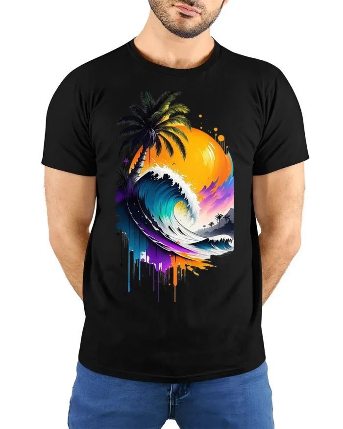 Tropical Wave Sunset Palm Art T-Shirt - model wearing black shirt, hands behind back