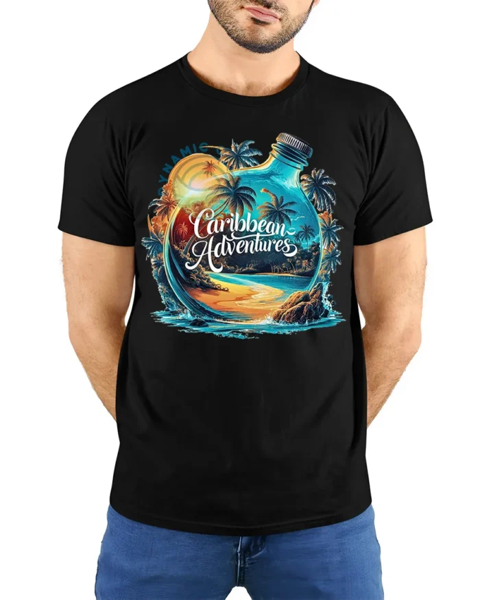 Caribbean Adventures Beach Bottle T-Shirt - model wearing black shirt, hands behind back