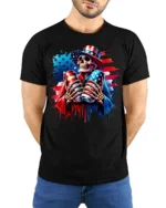 Patriotic Skull Beer Cans 4th of July T-Shirt - model wearing black shirt, hands behind back