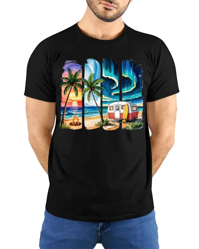 Beach Camper Sunset Aurora Chill T-Shirt - model wearing black shirt, hands behind back