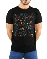 Colorful Music Notes Pattern Graphic T-Shirt - model wearing black shirt, hands behind back
