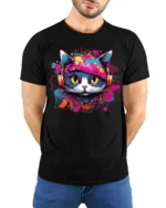 Graffiti DJ Cat Headphones Street Art T-Shirt - model wearing black shirt, hands behind back