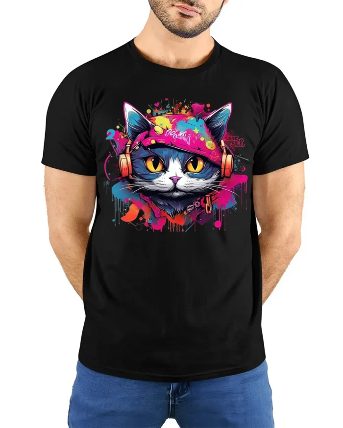 Graffiti DJ Cat Headphones Street Art T-Shirt - model wearing black shirt, hands behind back