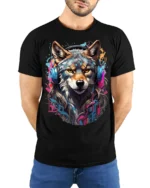 DJ Wolf Headphones Urban Style T-Shirt - model wearing black shirt, hands behind back
