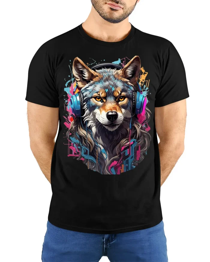 DJ Wolf Headphones Urban Style T-Shirt - model wearing black shirt, hands behind back