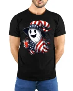 Patriotic Ghost Halloween T-Shirt USA Flag Style - model wearing black shirt, hands behind back