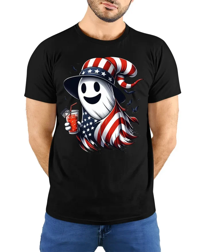 Patriotic Ghost Halloween T-Shirt USA Flag Style - model wearing black shirt, hands behind back