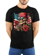 Skull Bandana T-Shirt with Roses and USA Flag - model wearing black shirt, hands behind back