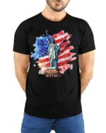 Statue of Liberty USA Flag Patriotic T-Shirt - model wearing black shirt, hands behind back