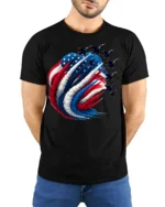 Patriotic Jet Flyover American Flag T-Shirt - model wearing black shirt, hands behind back