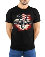 US Air Force Fighter Jet American Flag T-Shirt - model wearing black shirt, hands behind back