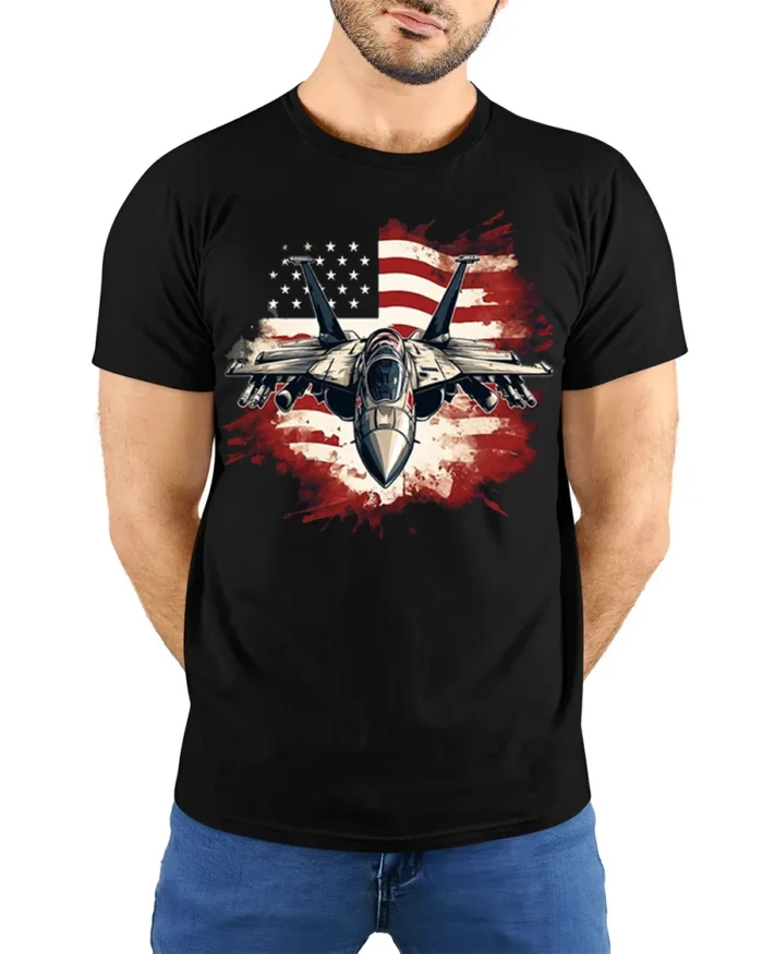US Air Force Fighter Jet American Flag T-Shirt - model wearing black shirt, hands behind back