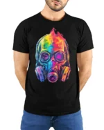 Psychedelic Gas Mask Skull Art T-Shirt - model wearing black shirt, hands behind back