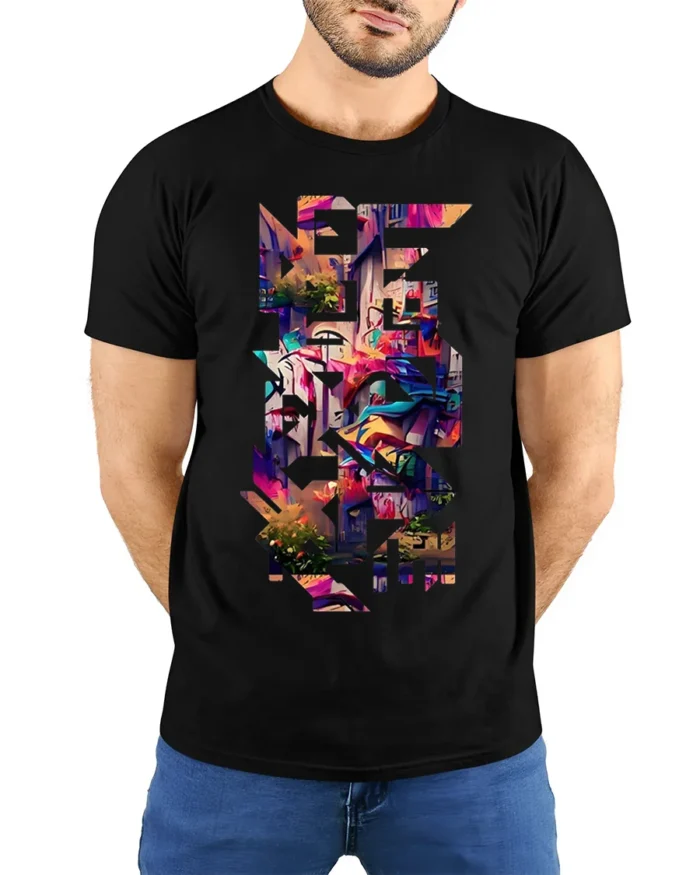 Urban Graffiti Cityscape Cutout T-Shirt - model wearing black shirt, hands behind back