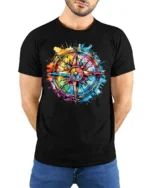 Colorful Compass Rose Splatter Art T-Shirt - model wearing black shirt, hands behind back