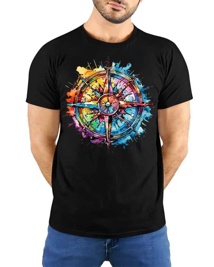 Colorful Compass Rose Splatter Art T-Shirt - model wearing black shirt, hands behind back