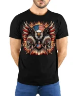 Patriotic Eagle Skull Fire Feathers T-Shirt - model wearing black shirt, hands behind back