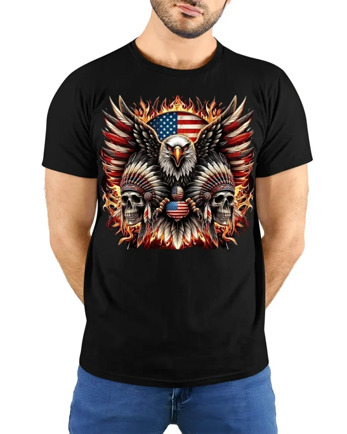 Patriotic Eagle Skull Fire Feathers T-Shirt - model wearing black shirt, hands behind back
