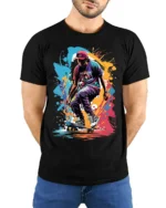 Street Skateboard Splash Art T-Shirt - model wearing black shirt, hands behind back