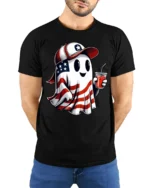 Patriotic Ghost Soda USA Flag T-Shirt - model wearing black shirt, hands behind back