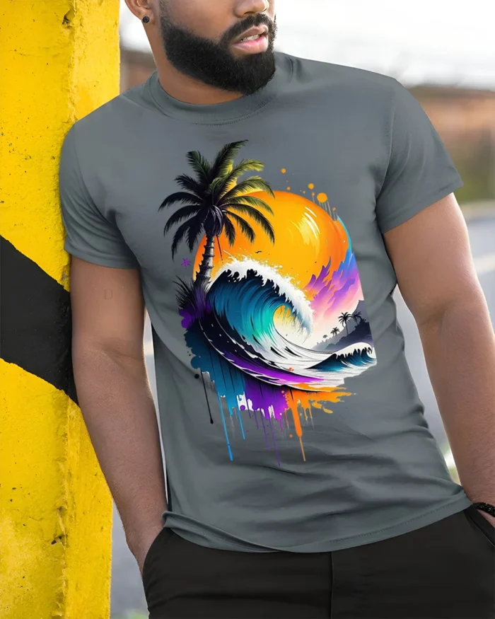 Tropical Wave Sunset Palm Art T-Shirt - model in grey shirt leaning against column