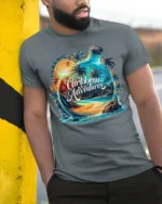 Caribbean Adventures Beach Bottle T-Shirt - model in grey shirt leaning against column