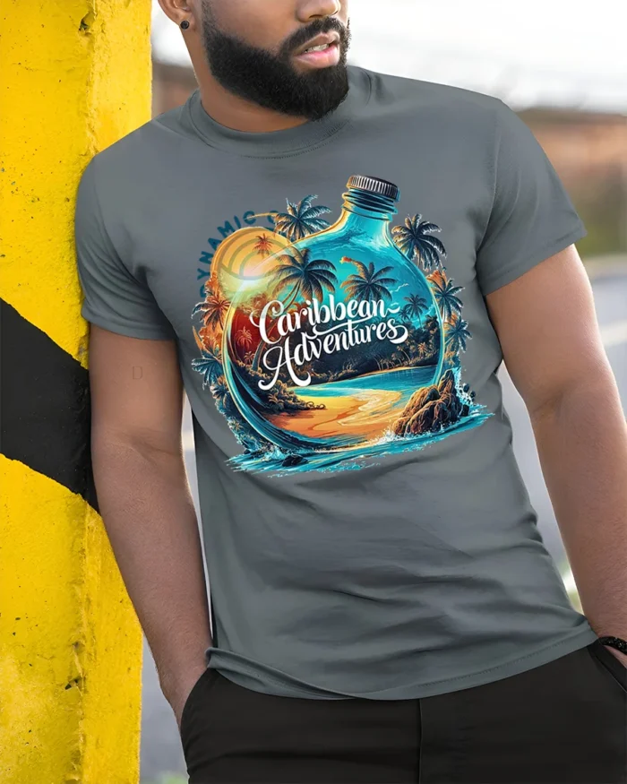 Caribbean Adventures Beach Bottle T-Shirt - model in grey shirt leaning against column