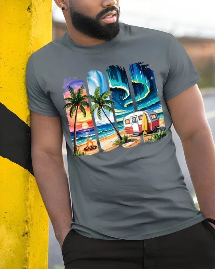 Beach Camper Sunset Aurora Chill T-Shirt - model in grey shirt leaning against column