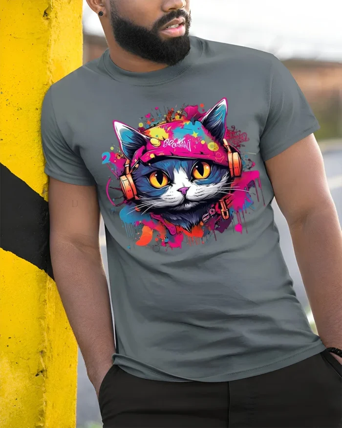 Graffiti DJ Cat Headphones Street Art T-Shirt - model in grey shirt leaning against column