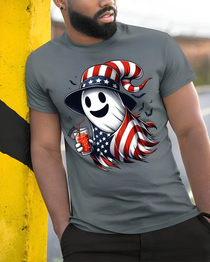 Patriotic Ghost Halloween T-Shirt USA Flag Style - model in grey shirt leaning against column