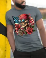 Skull Bandana T-Shirt with Roses and USA Flag - model in grey shirt leaning against column