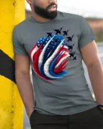 Patriotic Jet Flyover American Flag T-Shirt - model in grey shirt leaning against column
