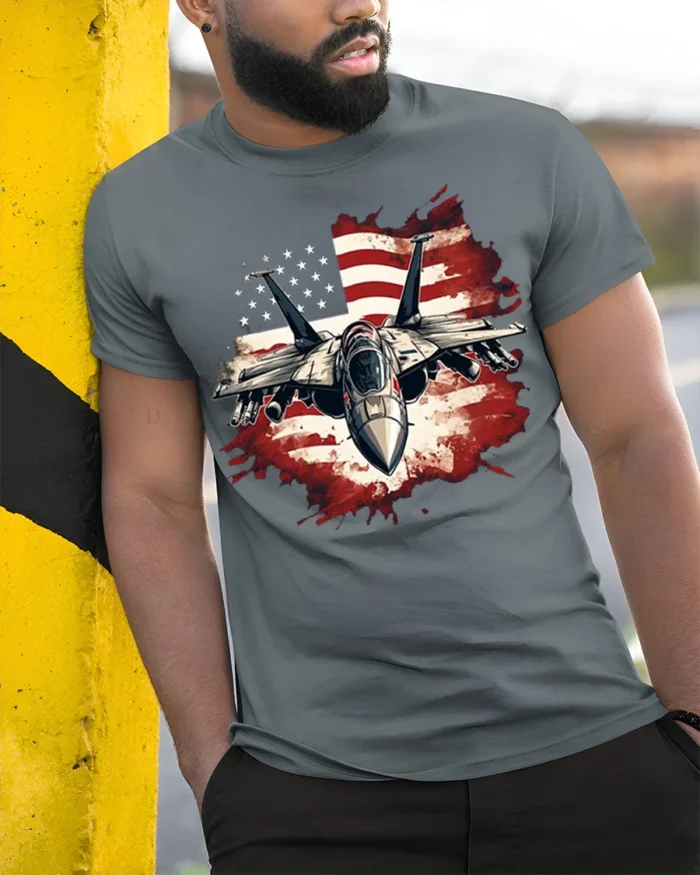 US Air Force Fighter Jet American Flag T-Shirt - model in grey shirt leaning against column