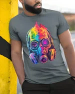 Psychedelic Gas Mask Skull Art T-Shirt - model in grey shirt leaning against column