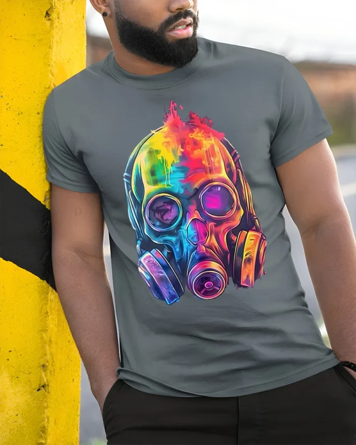 Psychedelic Gas Mask Skull Art T-Shirt - model in grey shirt leaning against column