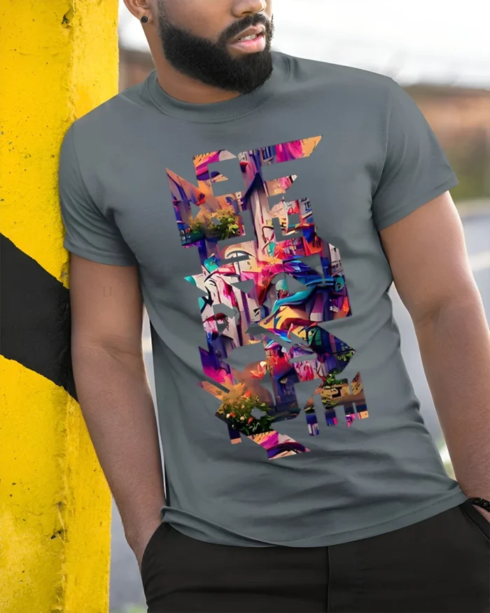 Urban Graffiti Cityscape Cutout T-Shirt - model in grey shirt leaning against column