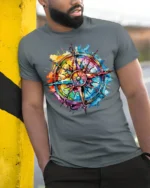 Colorful Compass Rose Splatter Art T-Shirt - model in grey shirt leaning against column