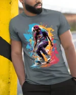 Street Skateboard Splash Art T-Shirt - model in grey shirt leaning against column