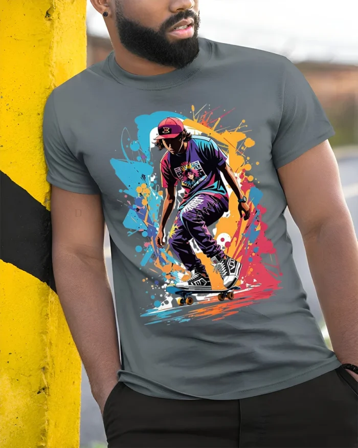 Street Skateboard Splash Art T-Shirt - model in grey shirt leaning against column