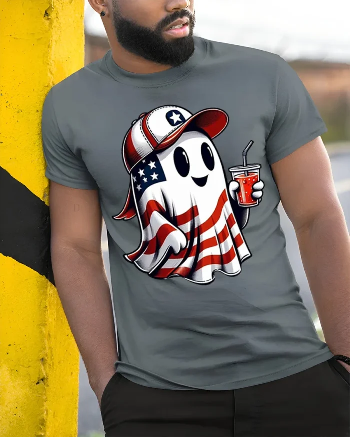 Patriotic Ghost Soda USA Flag T-Shirt - model in grey shirt leaning against column