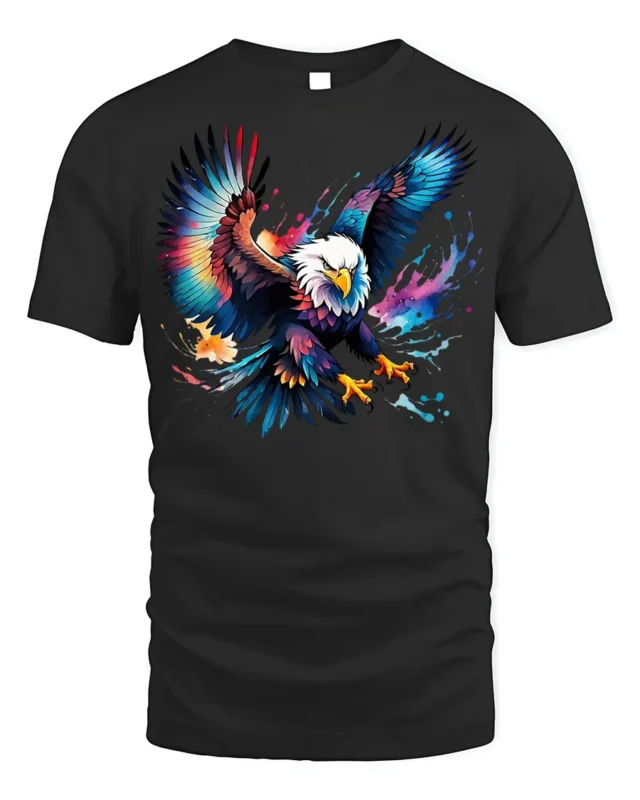 Colorful Bald Eagle Splash Art T-shirt - black t-shirt on white background