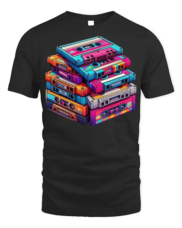Retro Cassette Tape Stack Art T-shirt - black t-shirt on white background