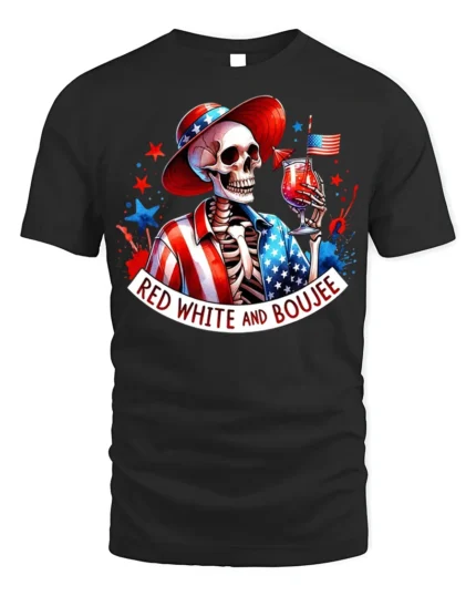 Red White Boujee Skeleton Party T-shirt - black t-shirt on white background