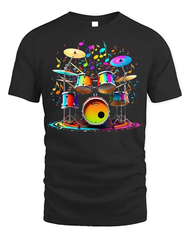 Colorful Drum Set Music Splash T-shirt - black t-shirt on white background