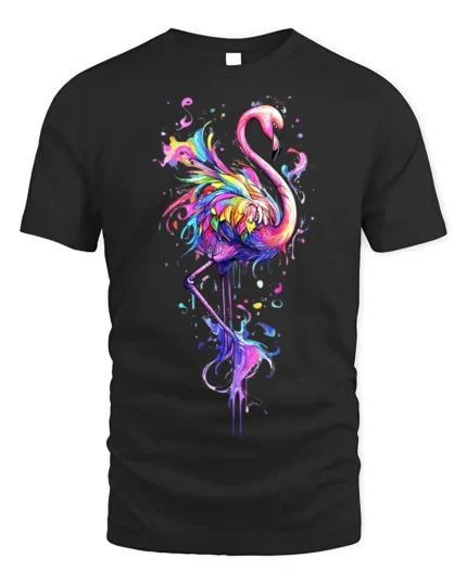 Colorful Flamingo Splash Art T-shirt - black t-shirt on white background