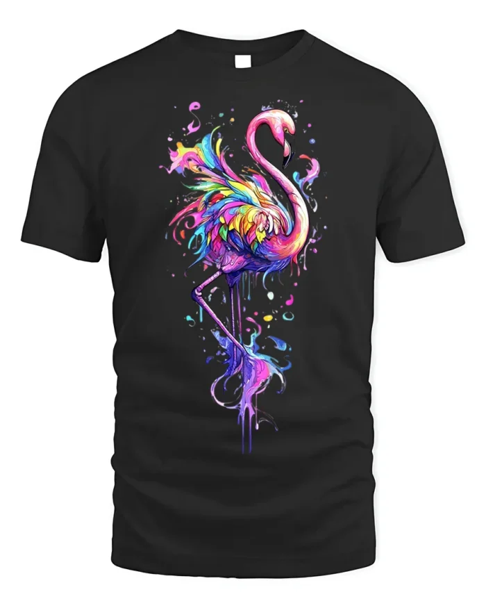 Colorful Flamingo Splash Art T-shirt - black t-shirt on white background
