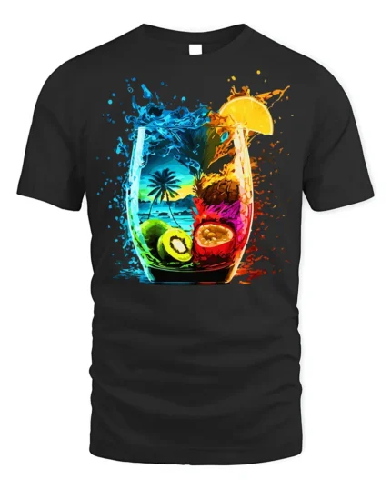 Tropical Fruit Splash Cocktail Art T-shirt - black t-shirt on white background