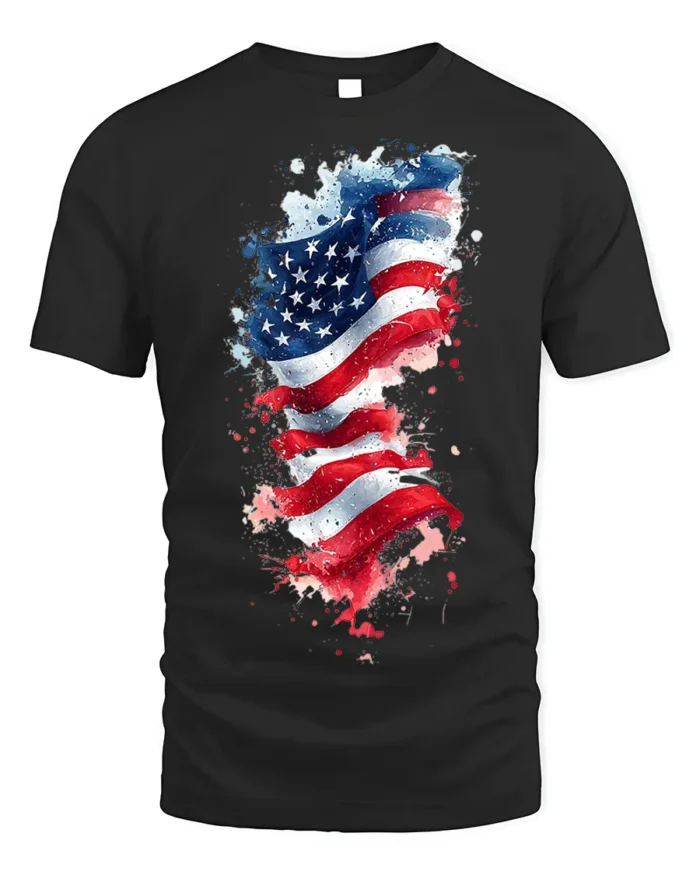 American Flag Watercolor Splash T-shirt - black t-shirt on white background