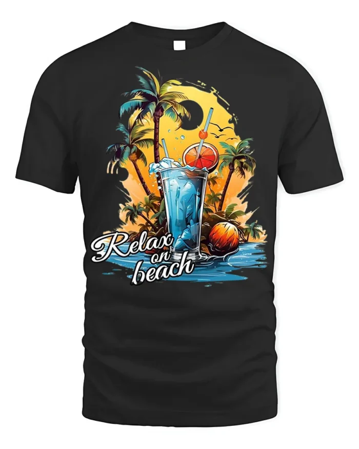 Tropical Beach Relaxation Sunset T-shirt - black t-shirt on white background